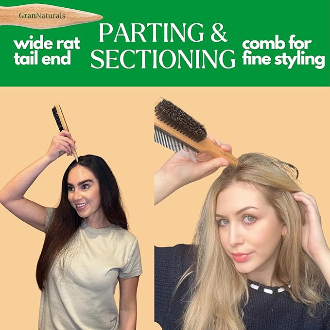 GranNaturals Boar Bristle Slick Back Hair Brush w/Comb for Smoothing Sleek Ponytail Bun - Wide Rat Tail & Metal Comb Hairbrush for Parting, Teasing, Backcombing, Sectioning, Edge Control, Flyaways