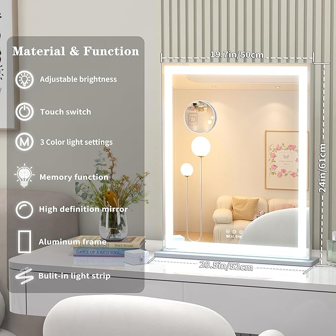 ANYHI Vanity Mirror with LED Light, 24"x20.5" Lighted Vanity Mirror with 10X Magnifying, 3 Color Modes, Dimmable, Smart Touch Control, Aluminum Frame, Tabletop/Wall Mount, Silver