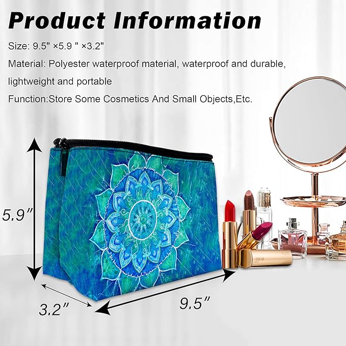 Makeup Bag Abstract Blue Mandala Cosmetic Bag for Women, Waterproof Large Capacity Travel Toiletry Organizer 9.5×5.9 Inch