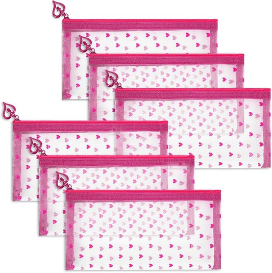 6 Pack Mini Zipper Mesh Makeup Bags, Heart Print Nylon Cosmetic Bags Toiletry Bags for Office Travel Organization (Hot Pink, M)