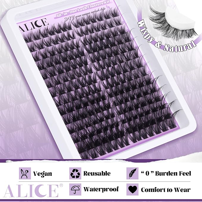 ALICE Cluster Eyelash Extension Kit Natural Wispy Lash Clusters Kit DIY Lash Extension Kit 196pcs 10-18mm Individual Lashes with Mix 4-7mm of Lash Band Lash Glue Lash Twezeers