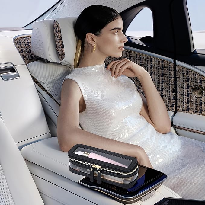 Makeup Brush Case Clear Travel Cosmetic & Toiletry Bag Slim Makeup Bag with Zipper Small Purse Organizer Car Essential Bag for Women (Black, SLIM-1)