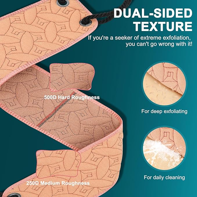 Exfoliating Back Scrubber for Use in Shower, 38.5 Inch Back Washer with Handles, Dual-Sided Body Exfoliator for Daily & Deep Skin Cleaning, Bath Back Scrub Washcloth for Men & Women (Pink)