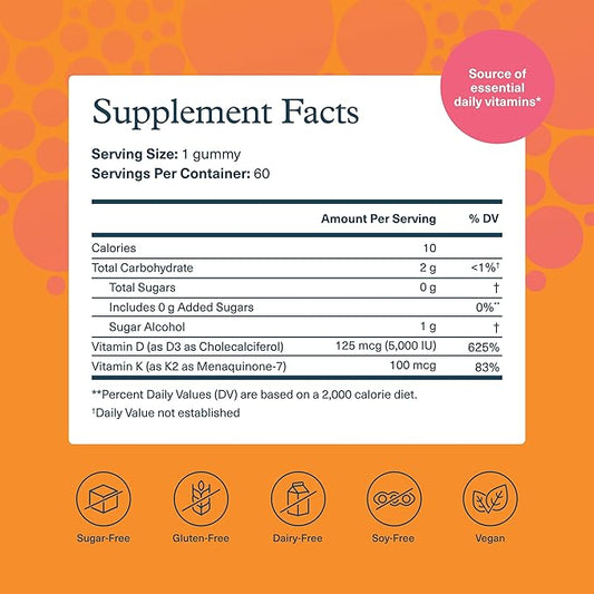Youtheory K2D3 - Bone & Heart Health Support* - Combines Vitamin D3 & Vitamin K2 - Dairy, Soy & Gluten Free - Peach, 60 Vegetarian Gummies