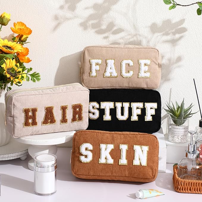 4 Pcs Preppy Patch Makeup Bag Corduroy Cosmetic Bag Makeup Accessories Skincare Pouch Chenille Letter Portable Zipper Face Pouch Cute Toiletry for Women Travel(Dark Color)