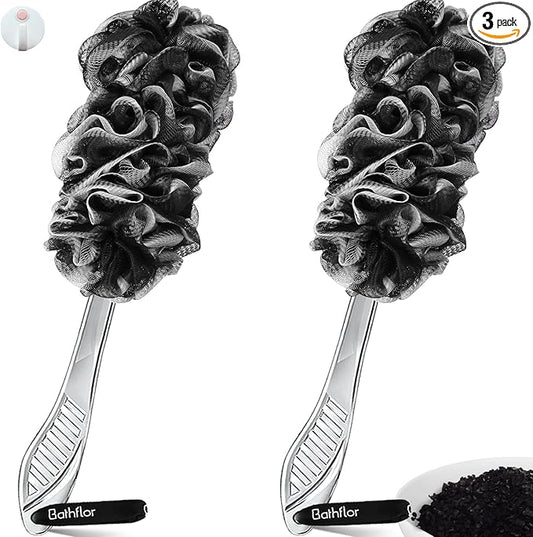 Loofah Sponge Exfoliating Body Scrubber，Loofahs with Handle: 2PCS Long Handle Loofa Back Scrubber, 1PCS Luffa Hook, Charcoal Loofah Pack for Women Men Bath Wash, Black