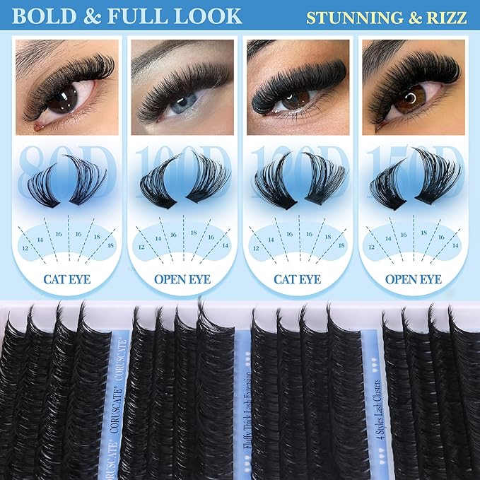 Lash Clusters Long 14-20mm Eyelash Clusters 80D+100D+120D+150D Volume Cluster Eyelash Extensions Thick 284pcs Individual Lashes Strip Mink Eyelashes DIY Wispy Lash Extension by CORUSCATE