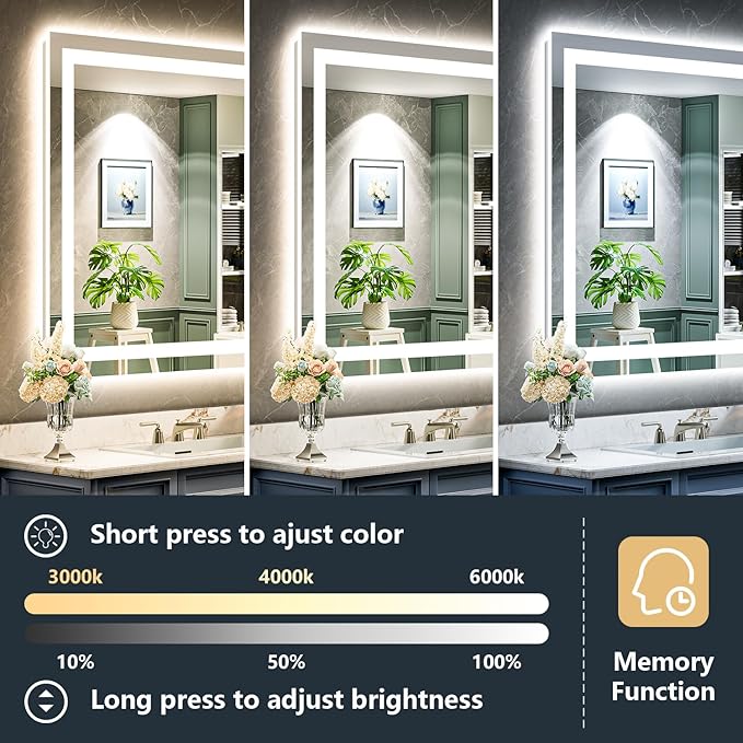 24x30 Inch LED Bathroom Mirror with Lights Front and Backlit Lighted Vanity Mirror for Bathroom Wall with 3 Colors Dimmable Anti-Fog Memory Shatter-Proof IP54 Waterproof Horizontal/Vertical