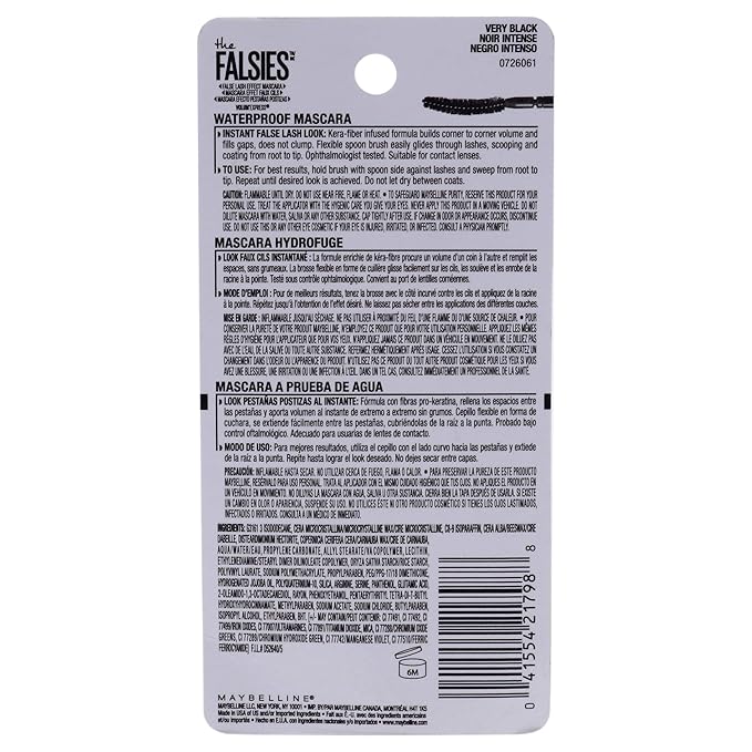 Maybelline Volum' Express The Falsies Waterproof Mascara, Volumizing and Separating Make Up Formula, Very Black, 1 Count