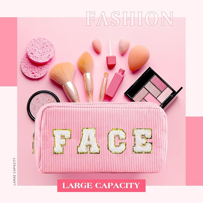 4 Pcs Preppy Patch Makeup Bag Corduroy Cosmetic Bag Makeup Accessories Skincare Pouch Chenille Letter Portable Zipper Face Pouch Cute Toiletry for Women Travel(Pink White Series Color)