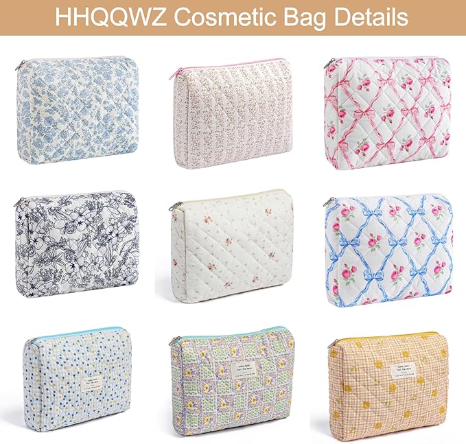 Makeup Bag Travel Cosmetic Bag for Women Girls, Zipper Make Up Pouch, Floral Flowers Toiletry Organizer Makeup, Portable Storage Cosmetic Travel Cloth Bag (L/Pink Bowknot)