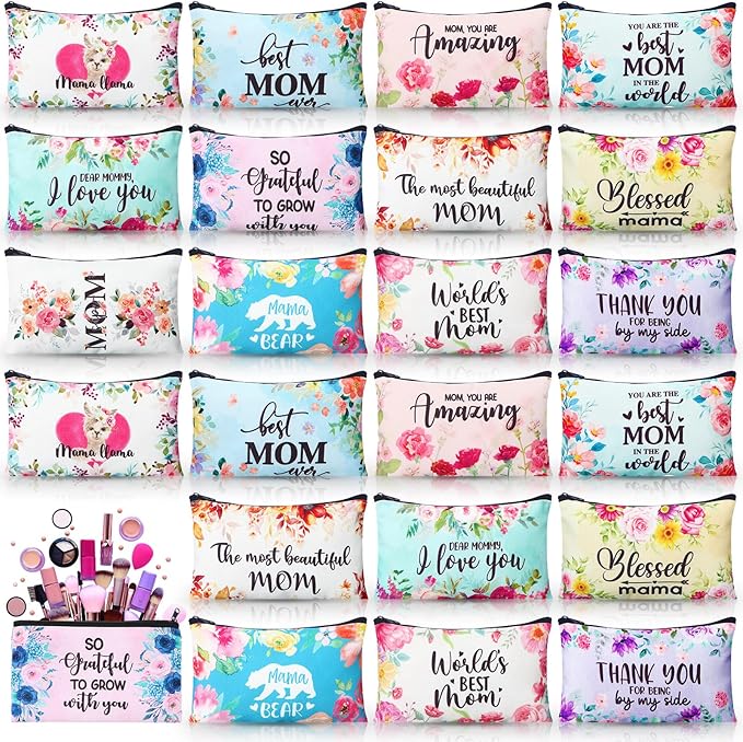 Meanplan 24 Pieces Mother's Day Makeup Bags Bulk Mom Gifts Canvas Cosmetic Purse Organizer Zipper Cosmetic Pouch Portable Travel Toiletry Pouch Mother's Day Gifts Women Birthday Retirement