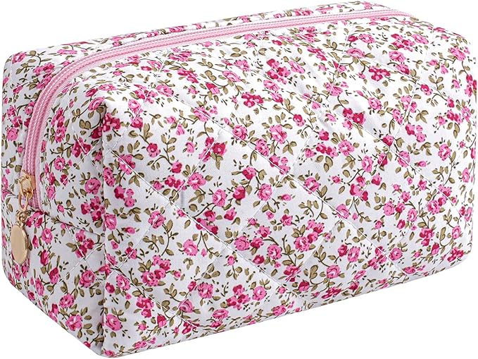 Gleyemor Small Quilted Makeup Bag for Women, Cute Floral Bow Cosmetic Bag, Emergency Bag Travel Toiletry Cotton Pouch Gifts for Girls Her Mom Friend Sister Bridesmaid (Red Small Flower)