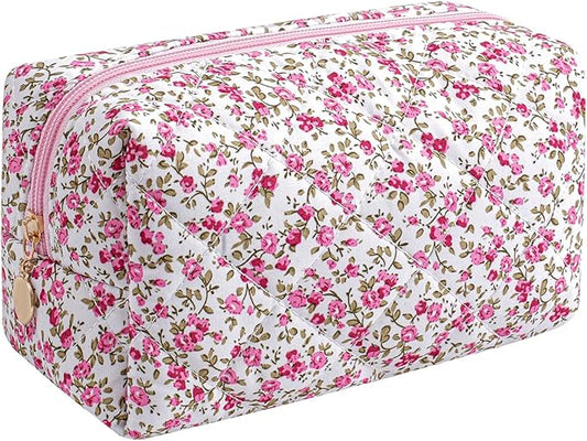 Gleyemor Small Quilted Makeup Bag for Women, Cute Floral Bow Cosmetic Bag, Emergency Bag Travel Toiletry Cotton Pouch Gifts for Girls Her Mom Friend Sister Bridesmaid (Red Small Flower)
