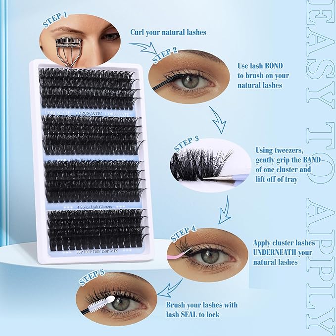 Lash Clusters Long 14-20mm Eyelash Clusters 80D+100D+120D+150D Volume Cluster Eyelash Extensions Thick 284pcs Individual Lashes Strip Mink Eyelashes DIY Wispy Lash Extension by CORUSCATE
