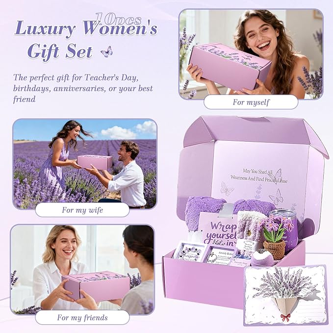 Birthday Gifts for Women Self Care Gifts Set, Lavender Spa Gift Basket Care Package Get Well Gifts for Women Purple Christmas Gifts Box,Unique Gift Idea for Mon Her Sister Best friend Coworker