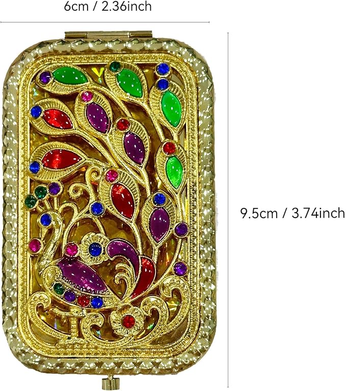 1PC Vintage Lateral Tail Peacock Pattern Cosmetic Makeup Pocket Purse Magnification Jewel Mirror （Rectangle）