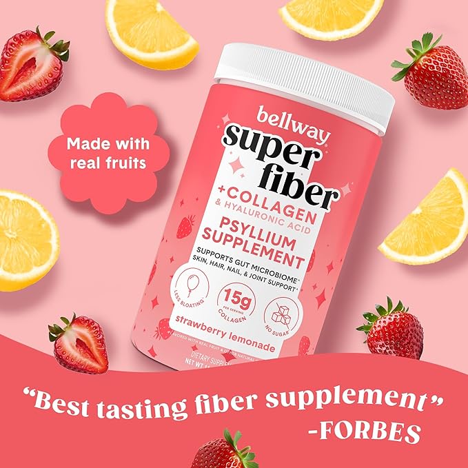 Bellway Super Fiber Powder + Collagen, Sugar-Free Psyllium Husk Powder with Collagen Peptides and Hyaluronic Acid for Gut Health, Healthy Skin, Nails, Bones & Joints, Strawberry Lemonade (11.46 oz)