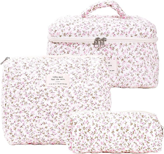 3PCS Makeup Bag Large Cosmetic Pouch Bag with Handle Cute Floral Small Makeup Bag for Purse, Quilted Cotton Skincare Storage Bag Travel Makeup Bag Set for Women, Bridesmaids, Gifts, Pink