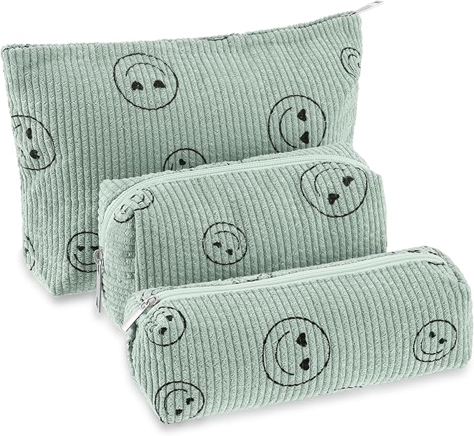 3 Pcs Makeup Bag Set for Women Corduroy Cosmetic Pouch Aesthetic Smile Travel Toiletry Bag Cute Purse Pouch Pencil Case Makeup Brushes Storage Organizer for Christmas(Green,Smile Face)