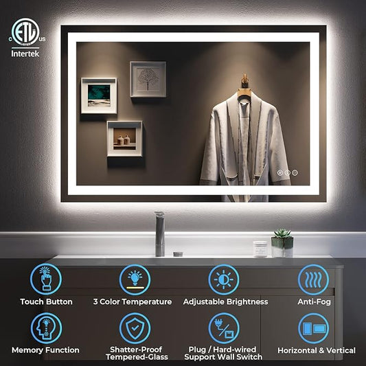 48x32 Inch LED Bathroom Mirror with Lights Front and Backlit Lighted Vanity Mirror for Bathroom Wall with 3 Colors Dimmable Anti-Fog Memory Shatter-Proof IP54 Waterproof Horizontal/Vertical