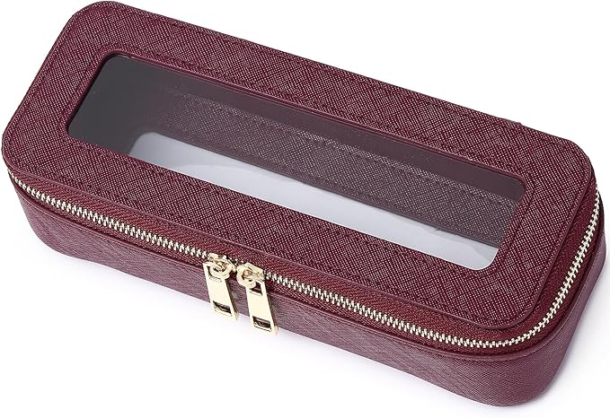 Makeup Brush Case Clear Travel Cosmetic & Toiletry Bag Small Makeup Bag with Zipper Purse Organizer Car Essential Bag for Women (X/Burgundy, SLIM)