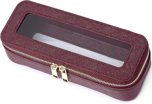 Makeup Brush Case Clear Travel Cosmetic & Toiletry Bag Small Makeup Bag with Zipper Purse Organizer Car Essential Bag for Women (X/Burgundy, SLIM)