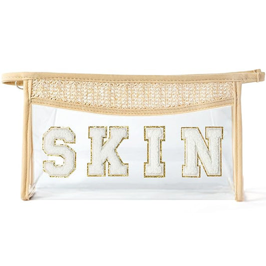 Boho Patch Cosmetic Bag - Summer Gift SKIN Chenille Varsity Letter Toiletry Kit Beige Clear Waterproof Travel Makeup Bag PVC Zipper Clutch Daily Use Purse for Women Girls