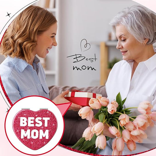 Geelin 3 Pcs Gifts for Mom from Daughter Son Best Mom Gifts Heart Compact Mirror Travel Magnifying Vanity Portable Mini Makeup Pocket Mirror Double Sided with Glitter for Women Birthday Mother's Day