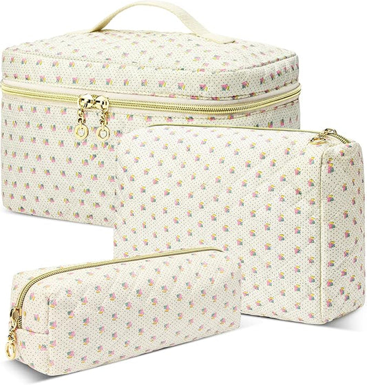 3 PCS Travel Makeup Bag Set, Large Cotton Make up Bag Quilted for Women, Floral Cosmetic Bag Toiletry Bag for Girls Cute Flower Toiletry Bag Travel Accessories Brushes Kawaii Stuff - Yellow and Flower