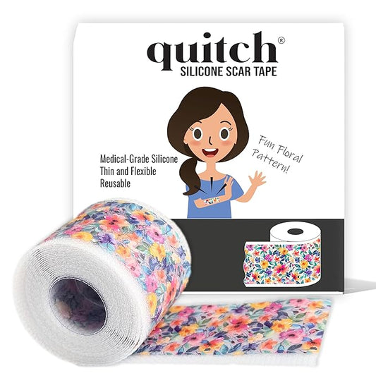 Quitch Silicone Scar Sheets for Surgical Scars, Silicone Scar Tape, C Section Recovery Must Haves, Tummy Tuck Recovery Must Haves, Postpartum Essentials Scar Treatment (Floral) 4x150cm