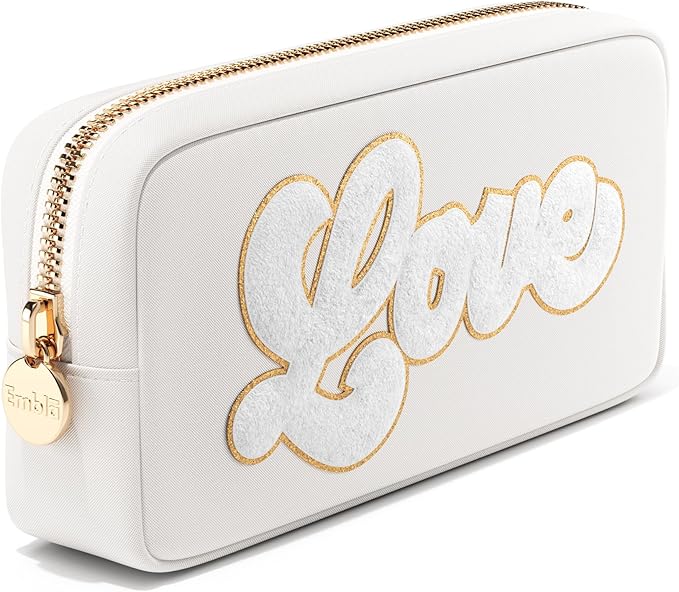 LOVE Valentine Makeup Bag Travel Cosmetics Pouch and Toiletry Bag, Nylon Zipper Pouch Purse, Cute Make Up Organizer Storage Tote for Women Girls, Travel Skincare Case, Small Makeup Bags, White