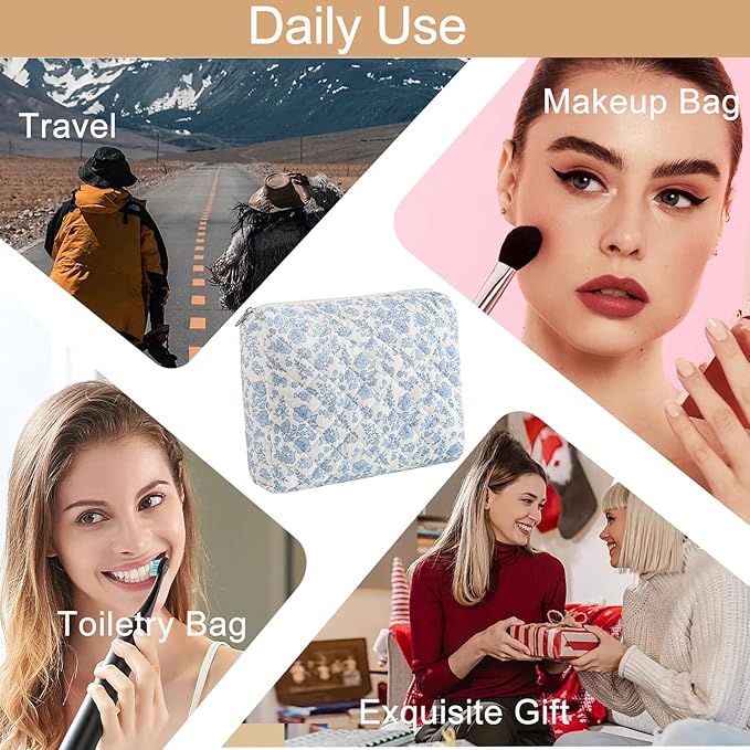 Makeup Bag Travel Cosmetic Bag for Women Girls, Zipper Make Up Pouch, Floral Flowers Toiletry Organizer Makeup, Portable Storage Cosmetic Travel Cloth Bag (L/Blue Floral)
