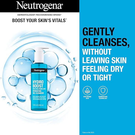 Neutrogena Hydro Boost Facial Cleansing Gel, Hydrating Gentle Face Cleanser and Makeup Remover with Hyaluronic Acid, Hypoallergenic Formula, 7.8 FL OZ