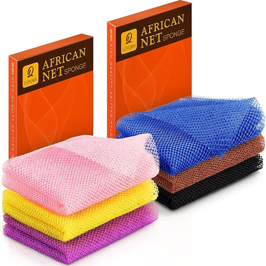 UJFQBH 3 Pieces African Bath Sponge African Net Long Net Bath Sponge Exfoliating Shower Body Scrubber Back Scrubber Skin Smoother,Great for Daily Use (Pink,Yellow,Purple,Black,Blue,Brown)