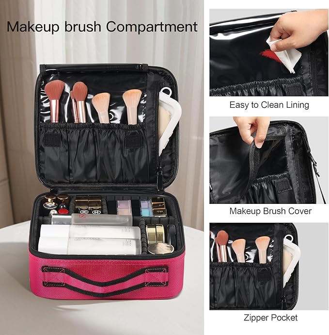 Makeup Organizer Bag, 10 Inch Portable Makeup Box with Adjustable Strap Cosmetic Bag with Brush Storage Sturdy Dual Zip Closure, Cosmetic Case for Women, Waterproof, Durable, Gift for Her, Rose Red