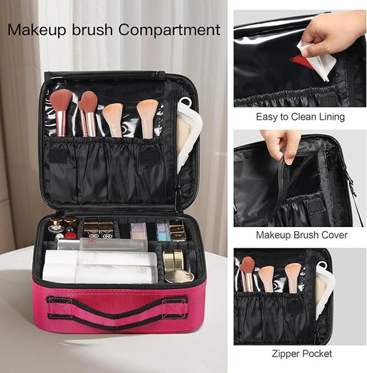 Makeup Organizer Bag, 10 Inch Portable Makeup Box with Adjustable Strap Cosmetic Bag with Brush Storage Sturdy Dual Zip Closure, Cosmetic Case for Women, Waterproof, Durable, Gift for Her, Rose Red