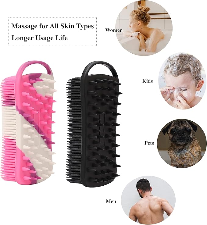 2 PC Silicone Exfoliating Body Scrubber, 2 in 1 Silicone Body Shampoo Brush, Soft Silicone Loofah for Sensitive Skin, Shower Silicone Hair Scalp Massager, Easy to Clean, Lather Well (Black&Purple)