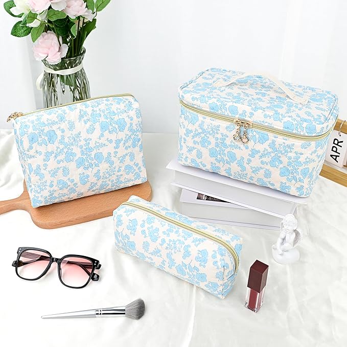 3 PCS Travel Makeup Bag Set, Large Cotton Make up Bag Quilted for Women, Floral Cosmetic Bag Toiletry Bag for Girls Cute Flower Toiletry Bag Travel Accessories Brushes Kawaii Stuff - Blue Flower