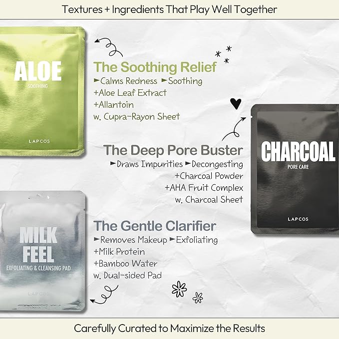 LAPCOS Daily Sheet Mask Variety Pack 7+1 (Version 1) Daily Face Masks - Hydrate, Clarify, Nourish, Exfoliate & Renew Skin, Korean Beauty Favorite (8 pack)