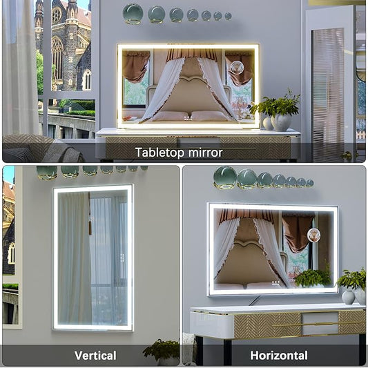 BEAUTME Large Vanity Mirror with Lights 40x24 inch,Lighted Makeup Mirror with Lights fo Bedroom/Dressing Table/Bathroom,Light Up/Aluminum Frame White (Horizontal/Vertical)