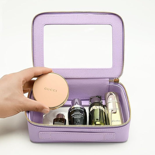 Aveniee Clear Makeup Bag for Women, Clear Cosmetic Case Travel Toiletry Bag, Heavy Duty Makeup Organizer Car Bag with Clear Windows & Gold Zippers(Lilac)