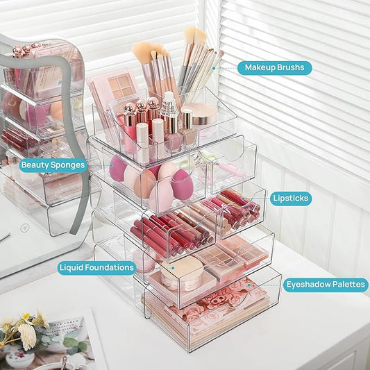Vtopmart 5 Tier Clear Makeup Organizer with Drawer, Cosmetic Storage for Dresser Countertop and Bathroom Vanity, Beauty Holder for Lipstick Brush Skincare