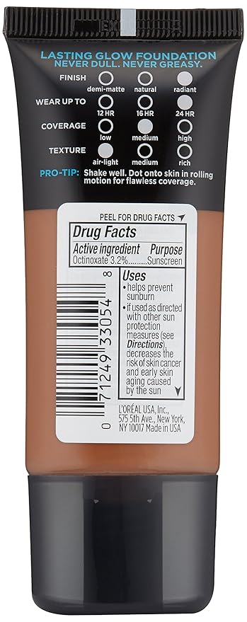 L'Oreal Paris Makeup Infallible Up to 24HR Pro-Glow Foundation, Cocoa, 1 fl oz.