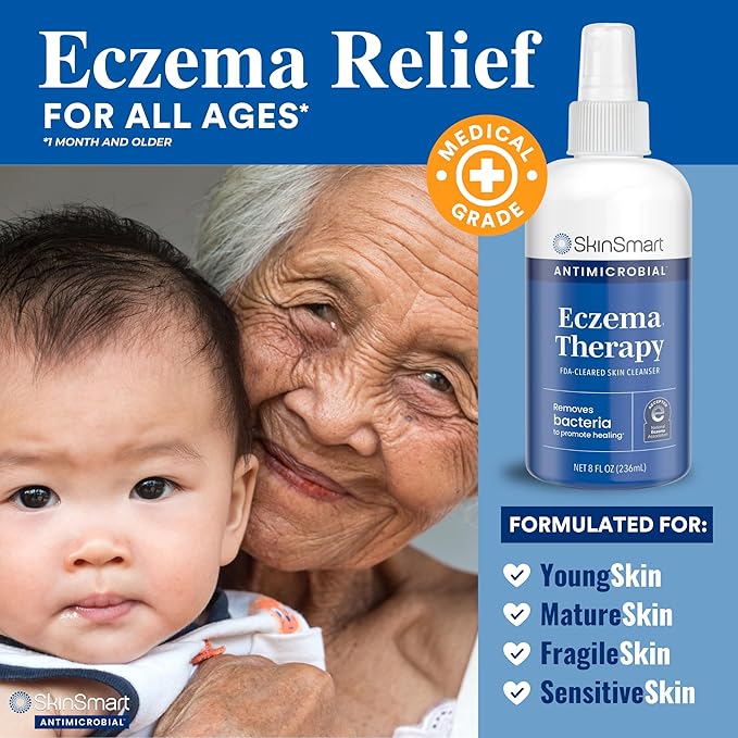 SkinSmart Antimicrobial Eczema Therapy with Hypochlorous Acid, Removes Bacteria so Skin Can Heal, for Adults, Kids and Seniors, 8 Ounce Clear Spray
