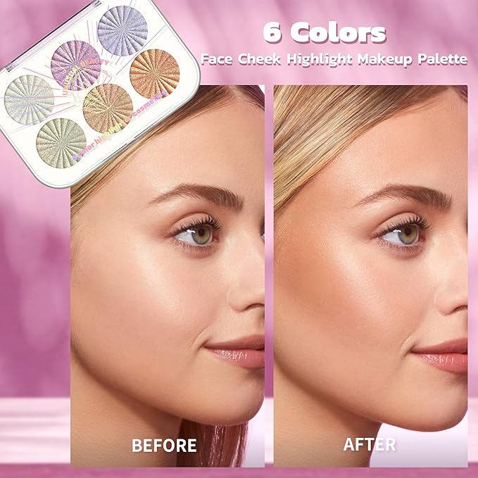 6-Color Face Cheek Highlighter Makeup Palette - Shimmer Glitter Iridescent Holographic Eyeshadow - Purple Rainbow Glitter Highlighter Makeup Highlight & Contour