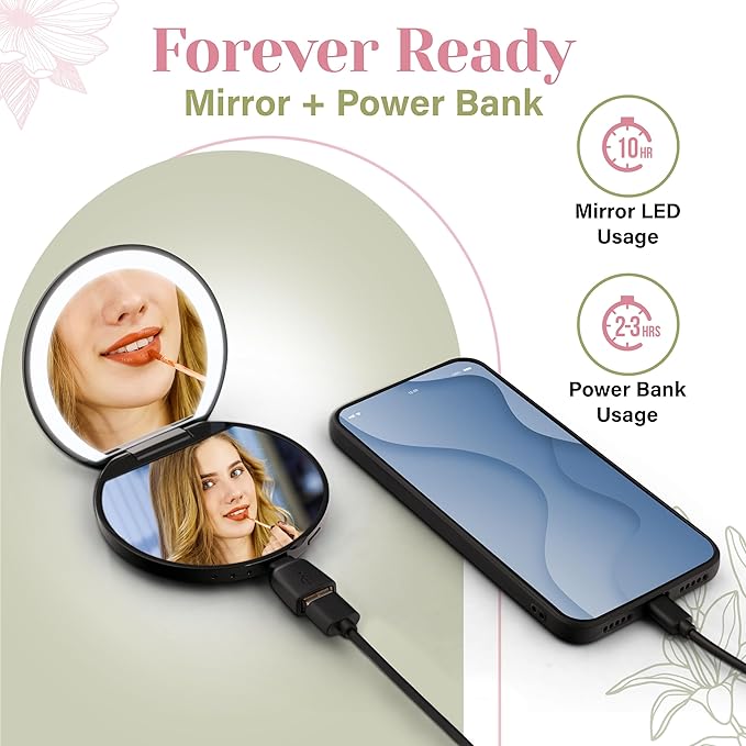 BoldAct Compact Mirror with Light 1X/3X Magnification LED Travel Makeup Mirror with Power Bank Rechargeable, Dimmable Lighted Portable Makeup Mirror for Purse 2 Sided Folding Mirror Green