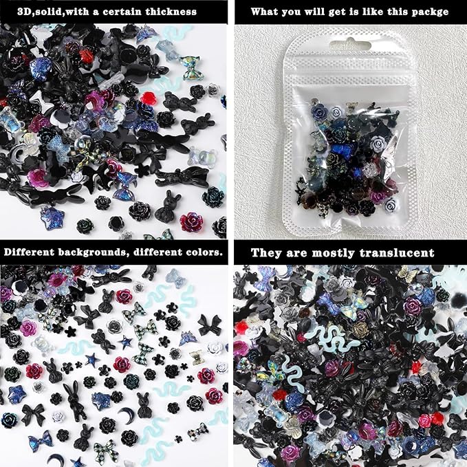 110 Pieces 3D Nail Charms for Acrylic Nails, Camellia Rose Flower Butterfly Bowknot Heart Bear Rabbit Star Charms for Nail Art Designs DIY Accessories Craft(Black)