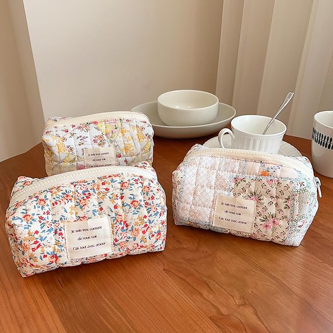 2 Pieces Floral Makeup Bag, Cute Travel Quilted Pouch Cosmetic Bag Organizer, Small Cotton Coquette Aesthetic Purse Toiletry Bag for Women Girls accessories (Beige Flower-2PCS)