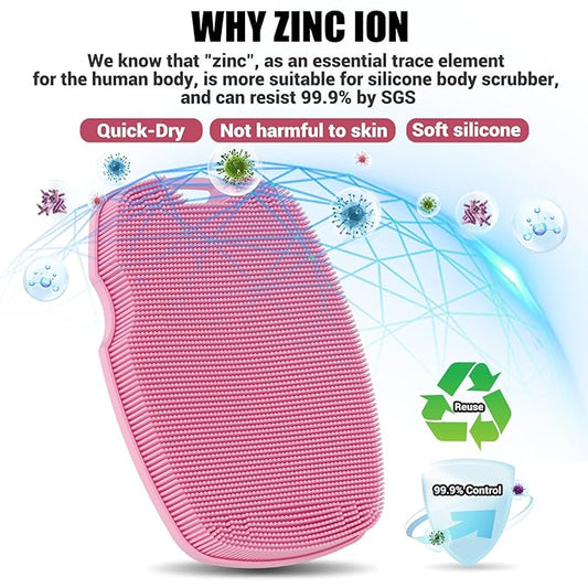 Silicone Body Scrubber - Zinc Infused-Highly Elastic Bristles Exfoliating Body Scrubber for Shower Body,Cellulite Reduction,Blood Circulation - Pink